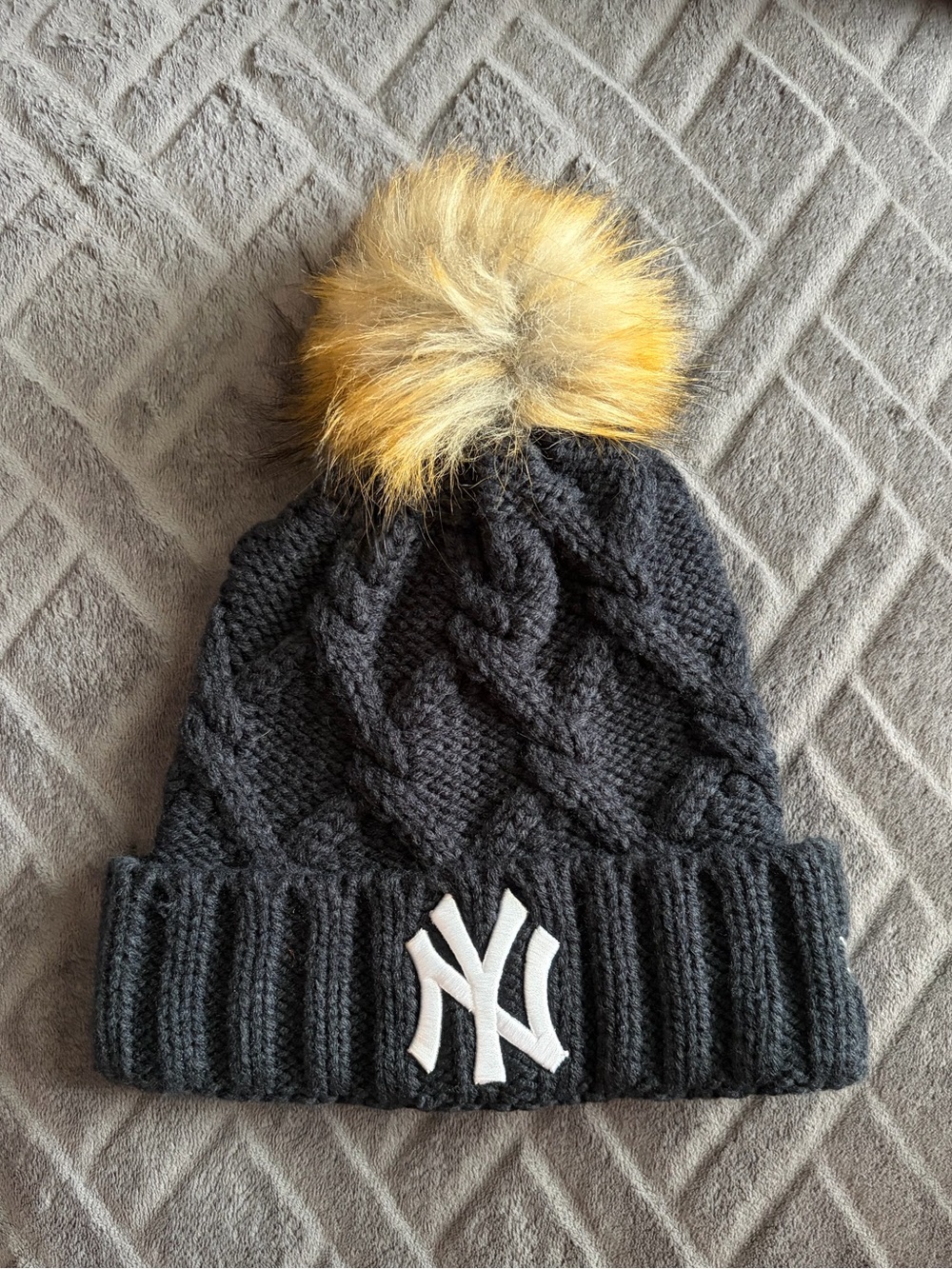 New Era NY Knit Pom Beanie for Women - Navy w/Brown Fur Pom Genuine Merchandise